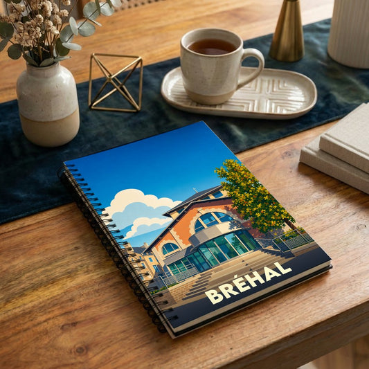 Carnet souvenir de la ville de Bréhal avec une illustration stylisée et colorée.