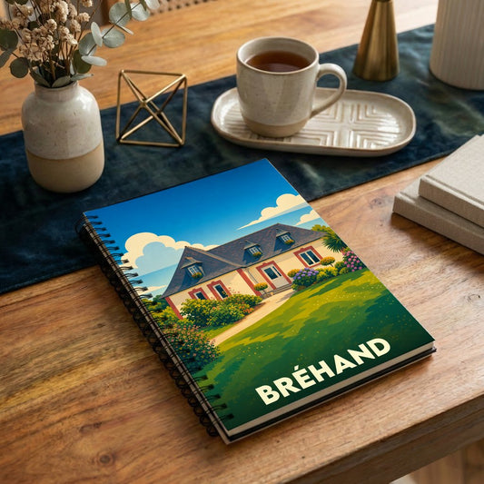 Carnet à spirales souvenir de la ville de Bréhand avec une illustration stylisée d'une maison régionale.