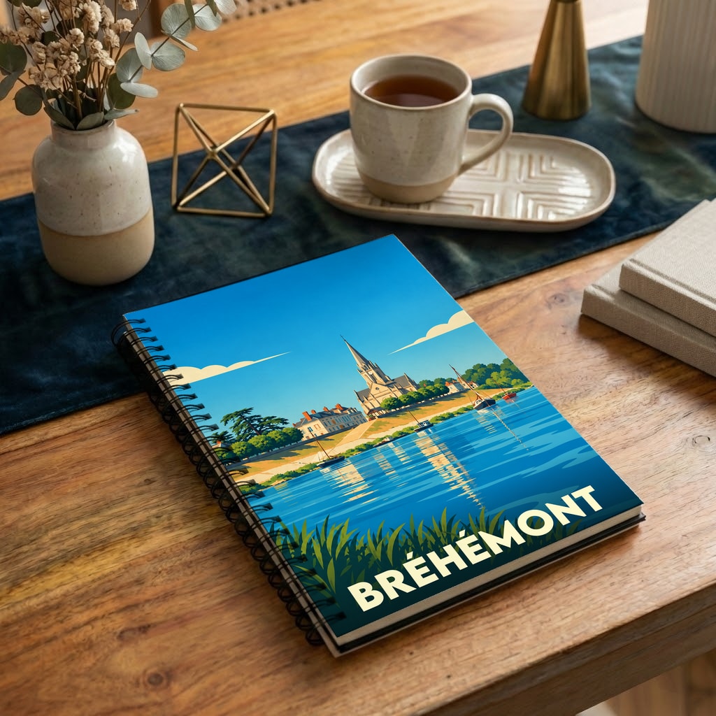 Carnet souvenir à spirales de la ville de Bréhémont illustré par un paysage lacustre stylisé.