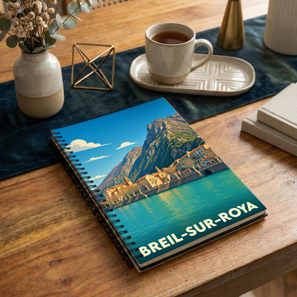 Carnet à spirales souvenir de la ville de Breil-sur-Roya avec une illustration stylisée de son paysage pittoresque.