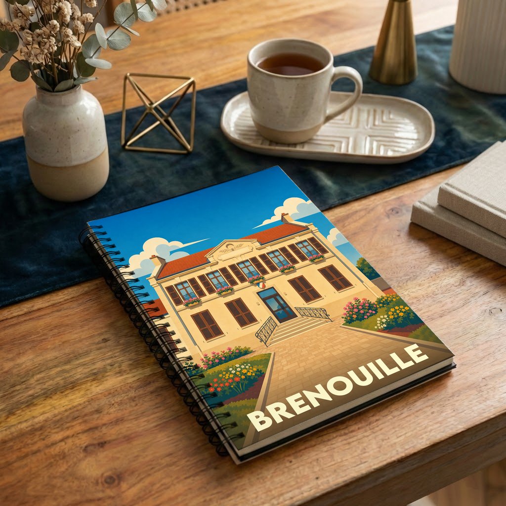 Carnet de notes souvenir de la ville de Brenouille avec une illustration stylisée de sa mairie.