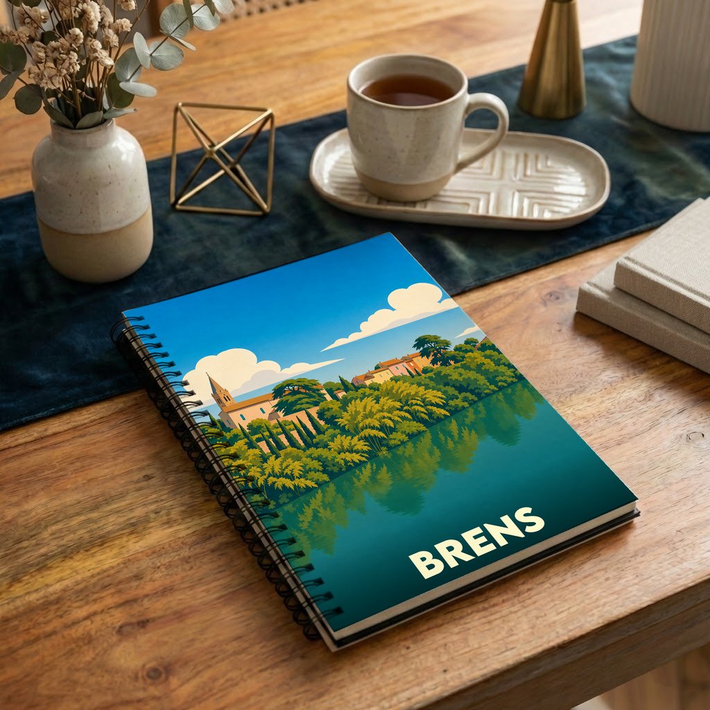 Carnet souvenir de la ville de Brens avec une illustration stylisée de son paysage au bord de l'eau.
