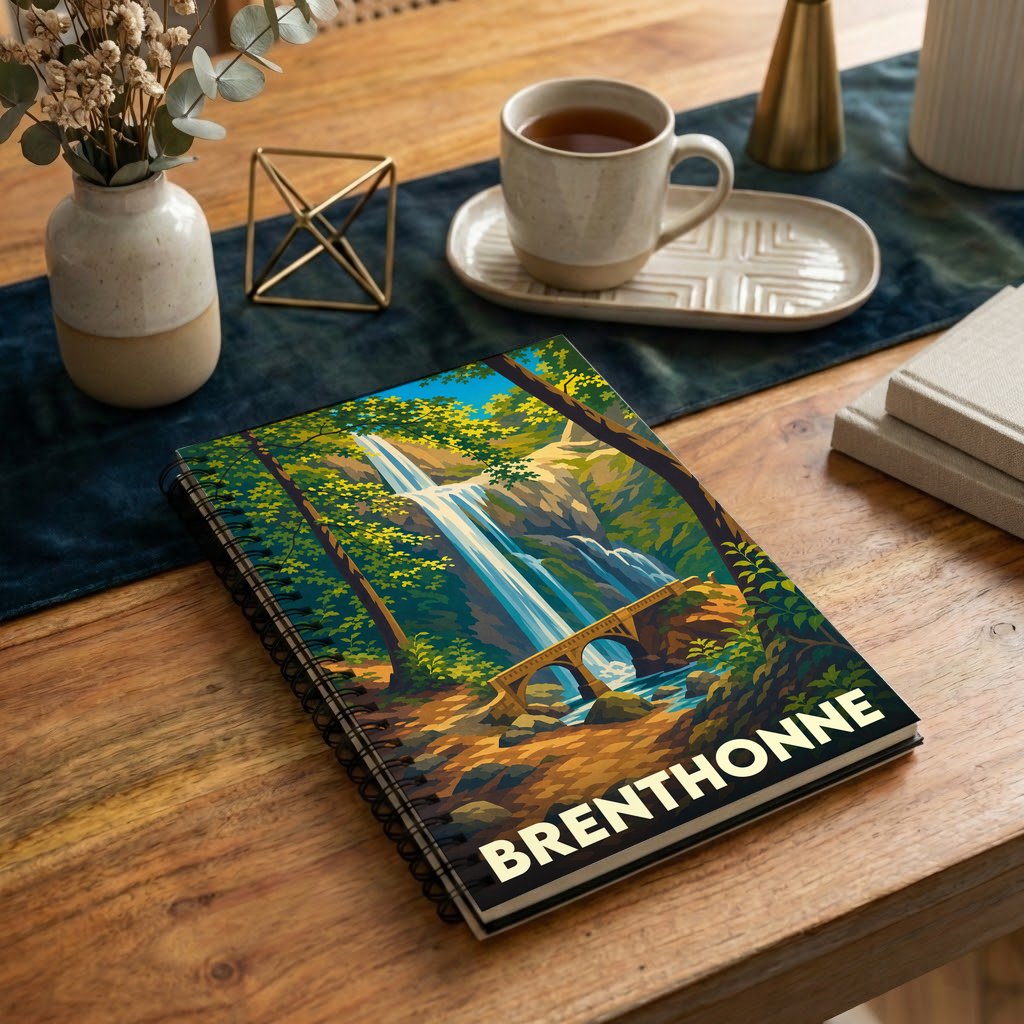 Carnet à spirales souvenir de la ville de Brenthonne avec une illustration stylisée d'une cascade et d'un pont.