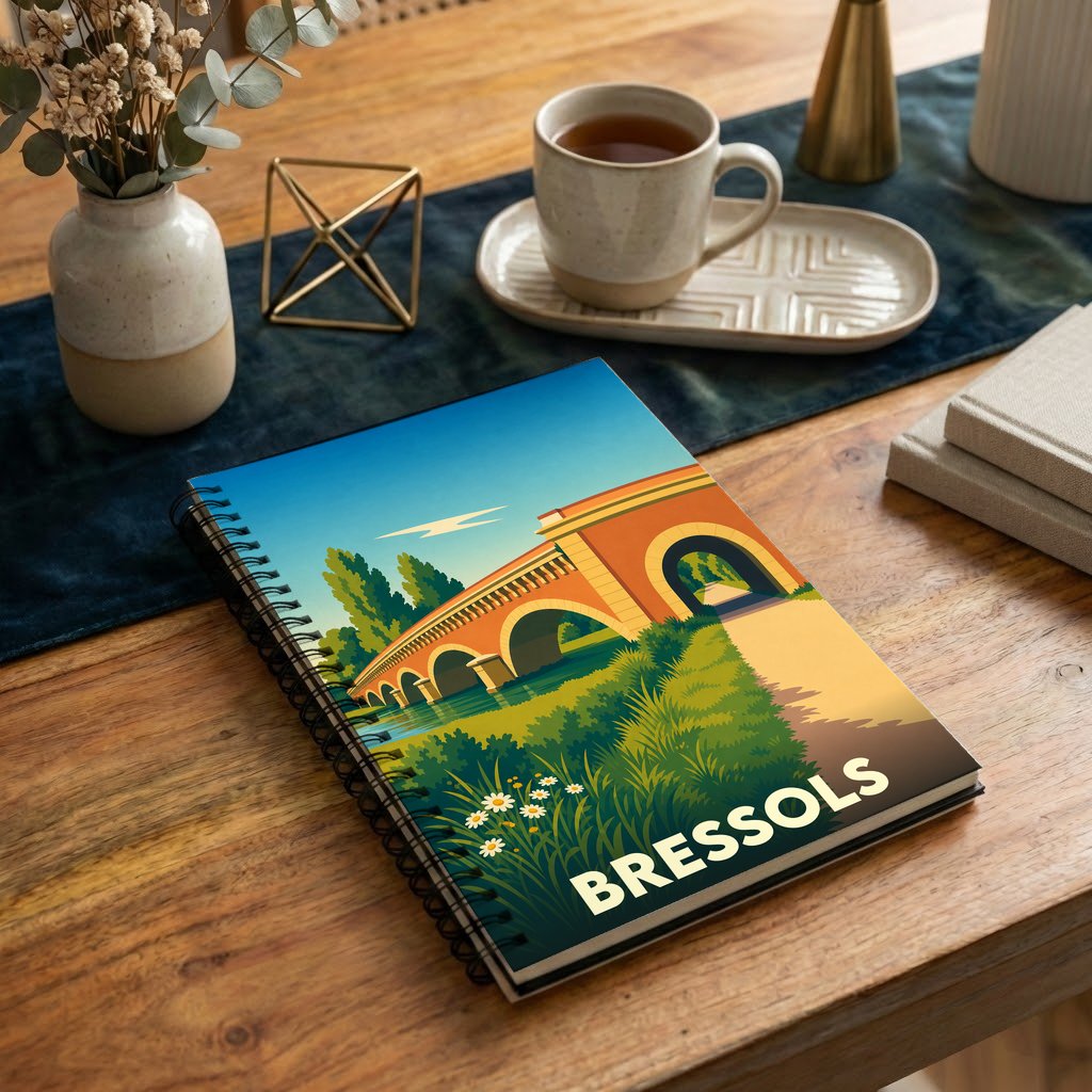Carnet de notes souvenir de la ville de Bressols avec une illustration stylisée d'un pont en briques.