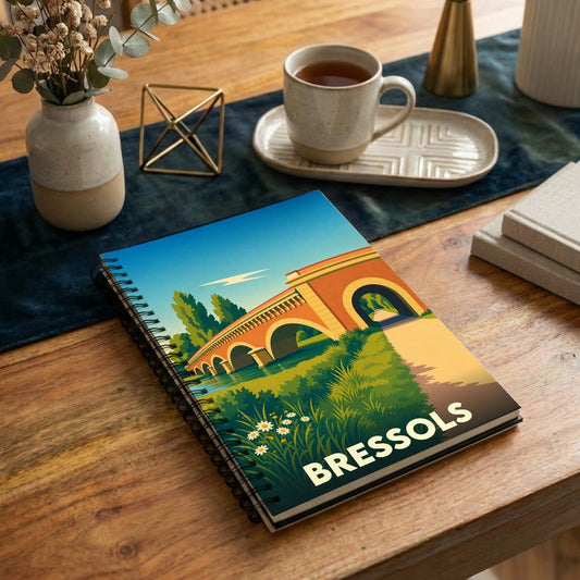 Carnet de notes souvenir de la ville de Bressols avec une illustration stylisée d'un pont en briques.