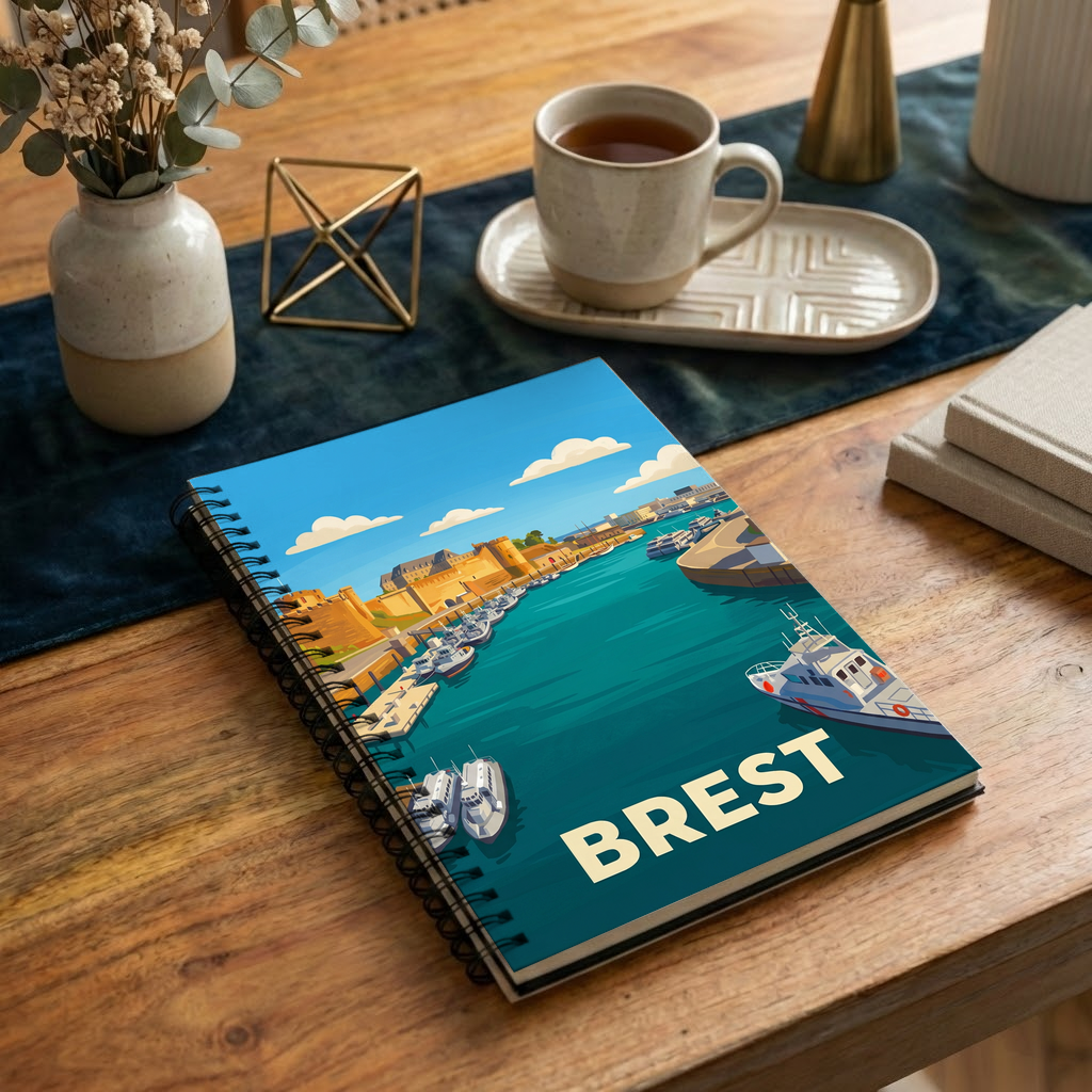 Carnet souvenir de la ville de Brest avec une illustration stylisée de son port.