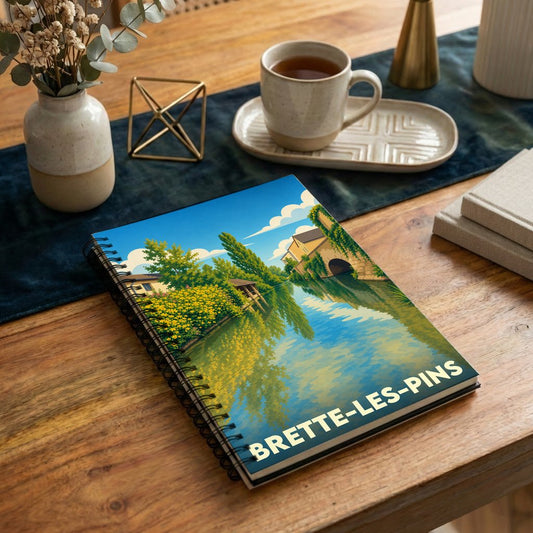 Carnet à spirales souvenir de la ville de Brette-les-Pins avec une illustration stylisée d'un paysage de rivière.