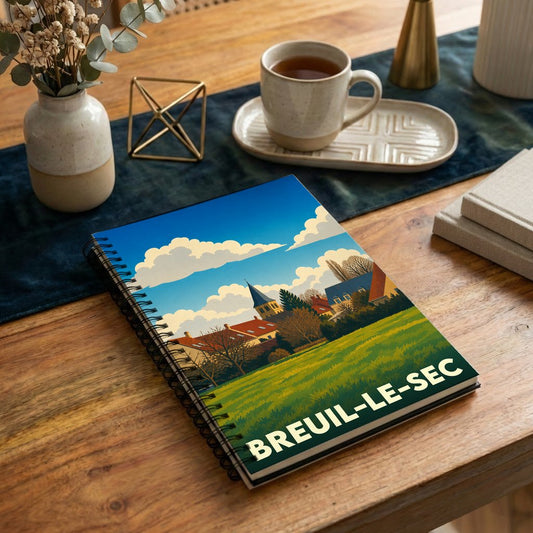 Carnet à spirales souvenir de la ville de Breuil-le-Sec avec une illustration paysagère stylisée.
