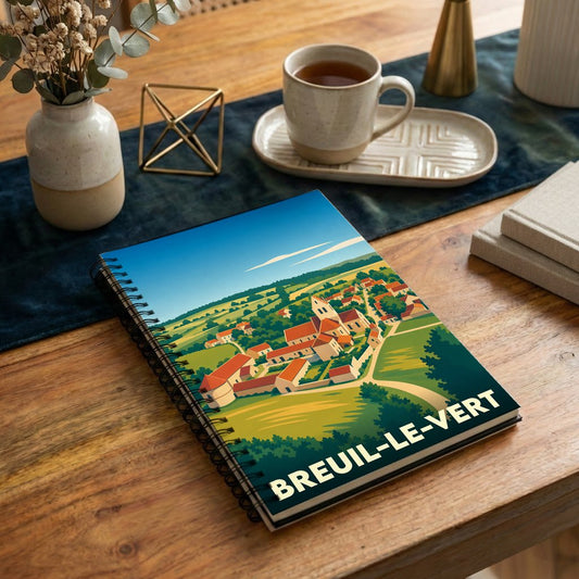 Carnet souvenir de la ville de Breuil-le-Vert avec une illustration stylisée de son paysage urbain.