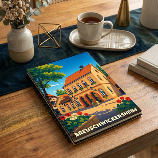 Carnet à spirales souvenir de la ville de Breuschwickersheim avec une illustration stylisée et colorée.