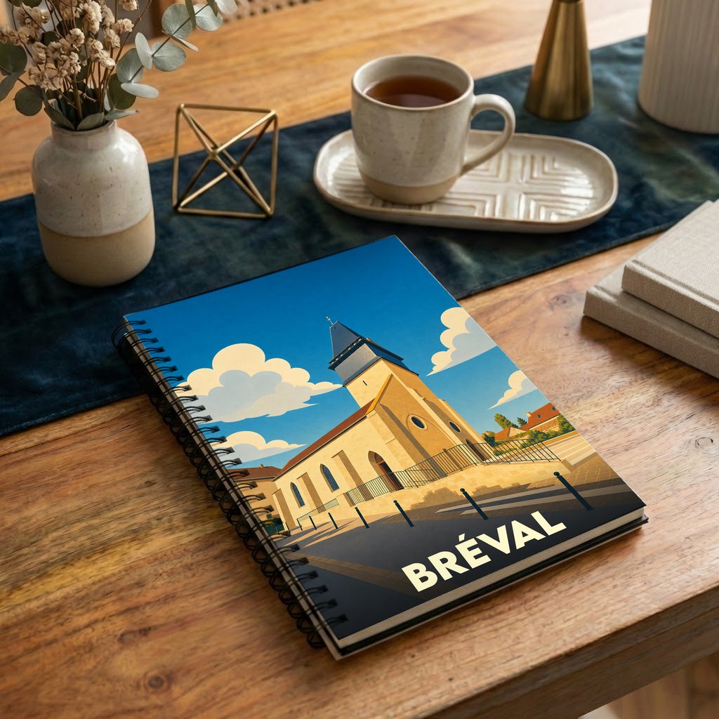 Carnet à spirales souvenir de la ville de Bréval avec une illustration stylisée de son église sous un ciel nuageux.