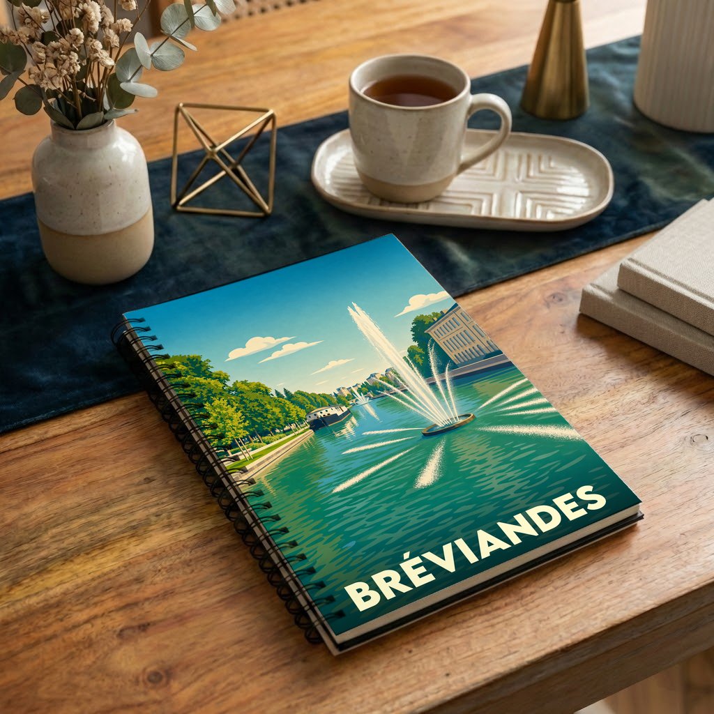 Carnet à spirales souvenir de la ville de Bréviandes illustré d'un jet d'eau stylisé sur un canal.