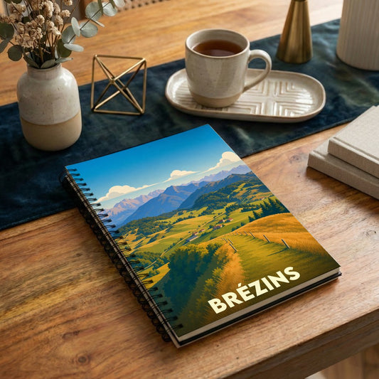 Carnet à spirales souvenir de la ville de Brézins avec une illustration stylisée de paysages montagneux.