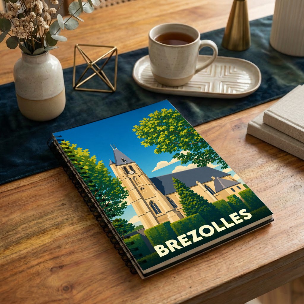 Carnet à spirales souvenir de la ville de Brezolles orné d'une illustration stylisée de son église.