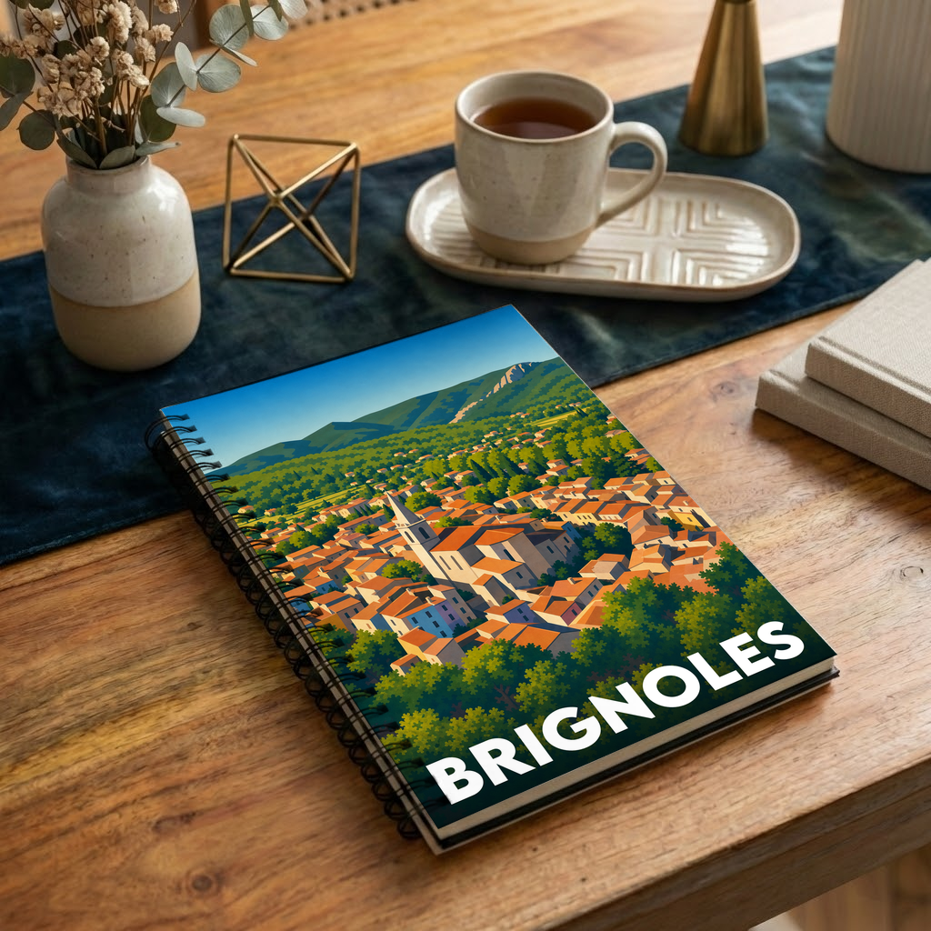 Carnet souvenir de la ville de Brignoles avec une illustration stylisée de ses toits orangés et de son clocher.