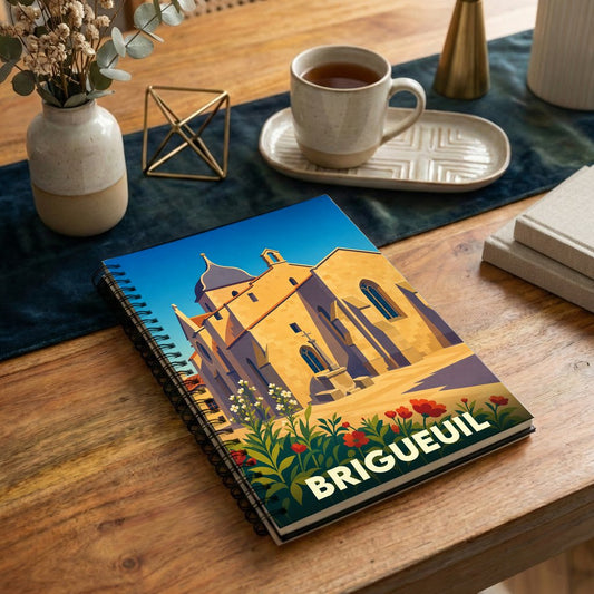 Carnet souvenir de la ville de Brigueuil avec une illustration stylisée de son église et de fleurs colorées.