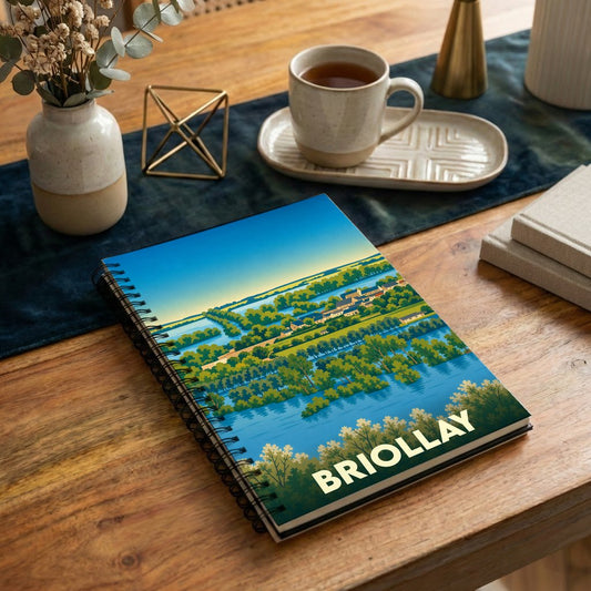 Carnet souvenir de la ville de Briollay avec une illustration paysagère stylisée.