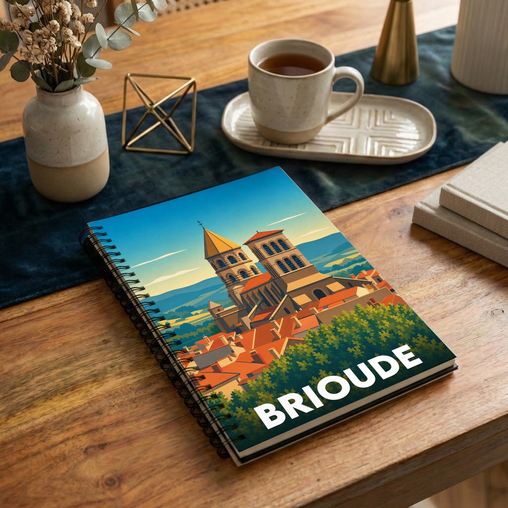 Carnet souvenir de la ville de Brioude avec une illustration stylisée de sa basilique et de ses toits rouges.