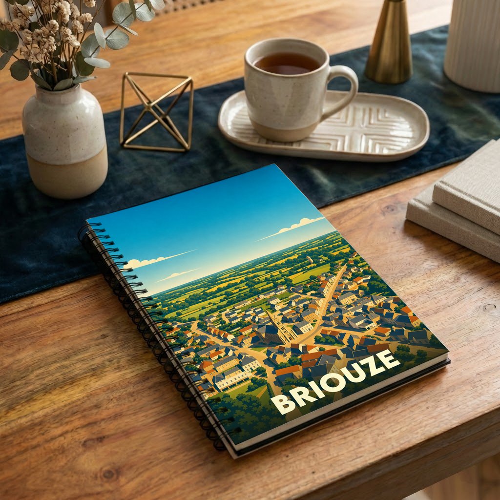 Carnet à spirales souvenir de la ville de Briouze avec une illustration stylisée vue du ciel.