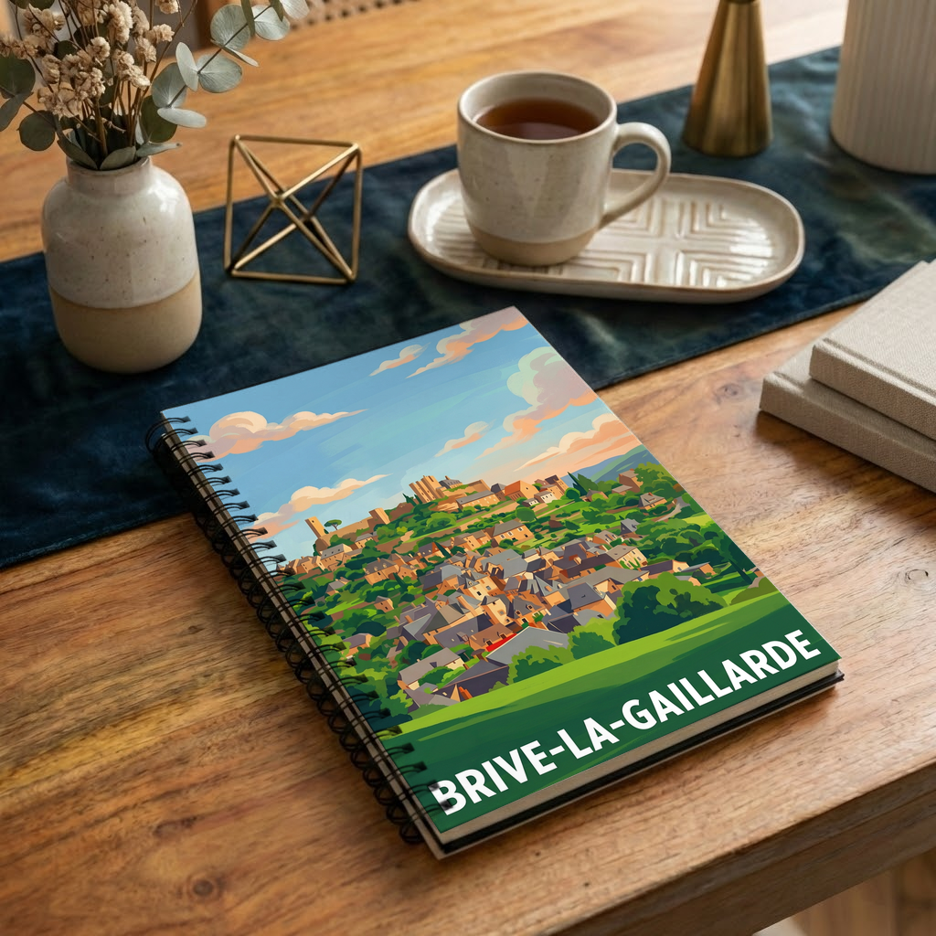 Carnet souvenir de la ville de Brive-la-Gaillarde avec une illustration stylisée du paysage urbain.