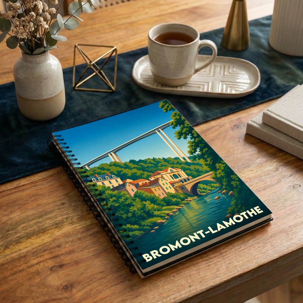 Carnet souvenir de la ville de Bromont-Lamothe avec une illustration stylisée.