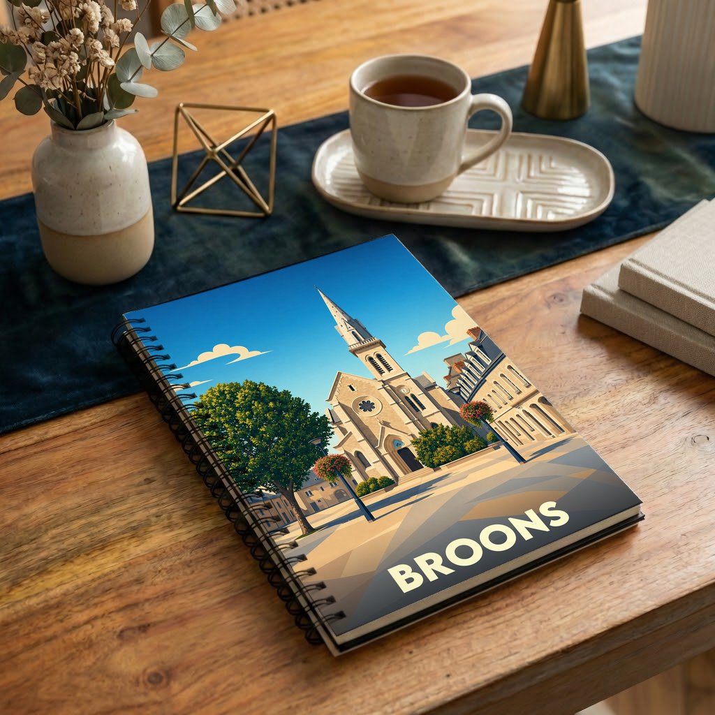 Carnet à spirales souvenir de la ville de Broons avec une illustration stylisée de son église sous un ciel bleu.