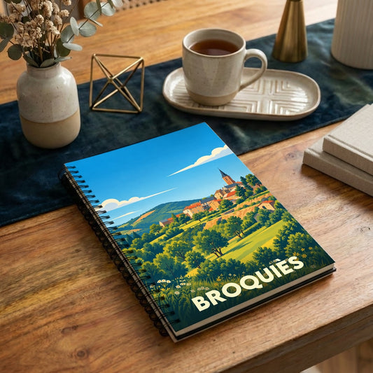 Carnet à spirales souvenir de la ville de Broquiès avec une illustration stylisée de son paysage vallonné.
