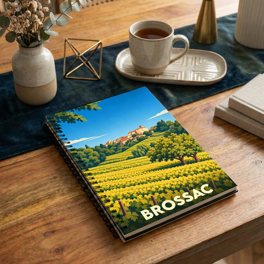 Carnet souvenir de la ville de Brossac avec une illustration stylisée de son paysage vallonné.