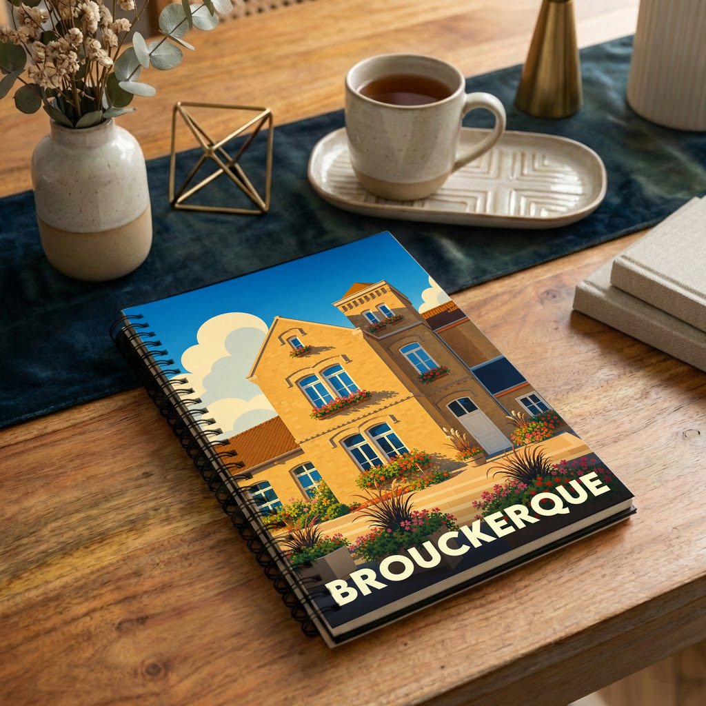 Carnet de notes souvenir de la ville de Brouckerque avec une illustration stylisée de bâtiments traditionnels.