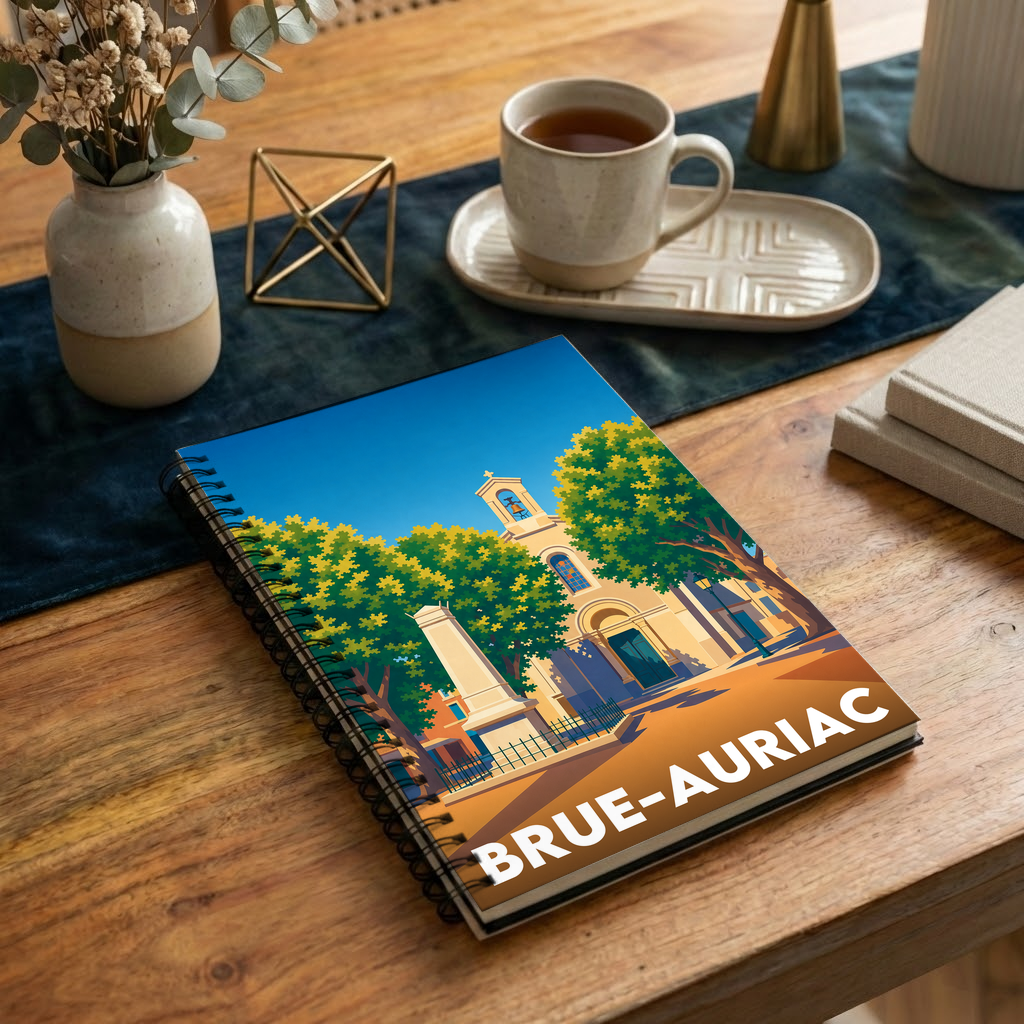 Carnet souvenir de la ville de Brue-Auriac avec une illustration stylisée.