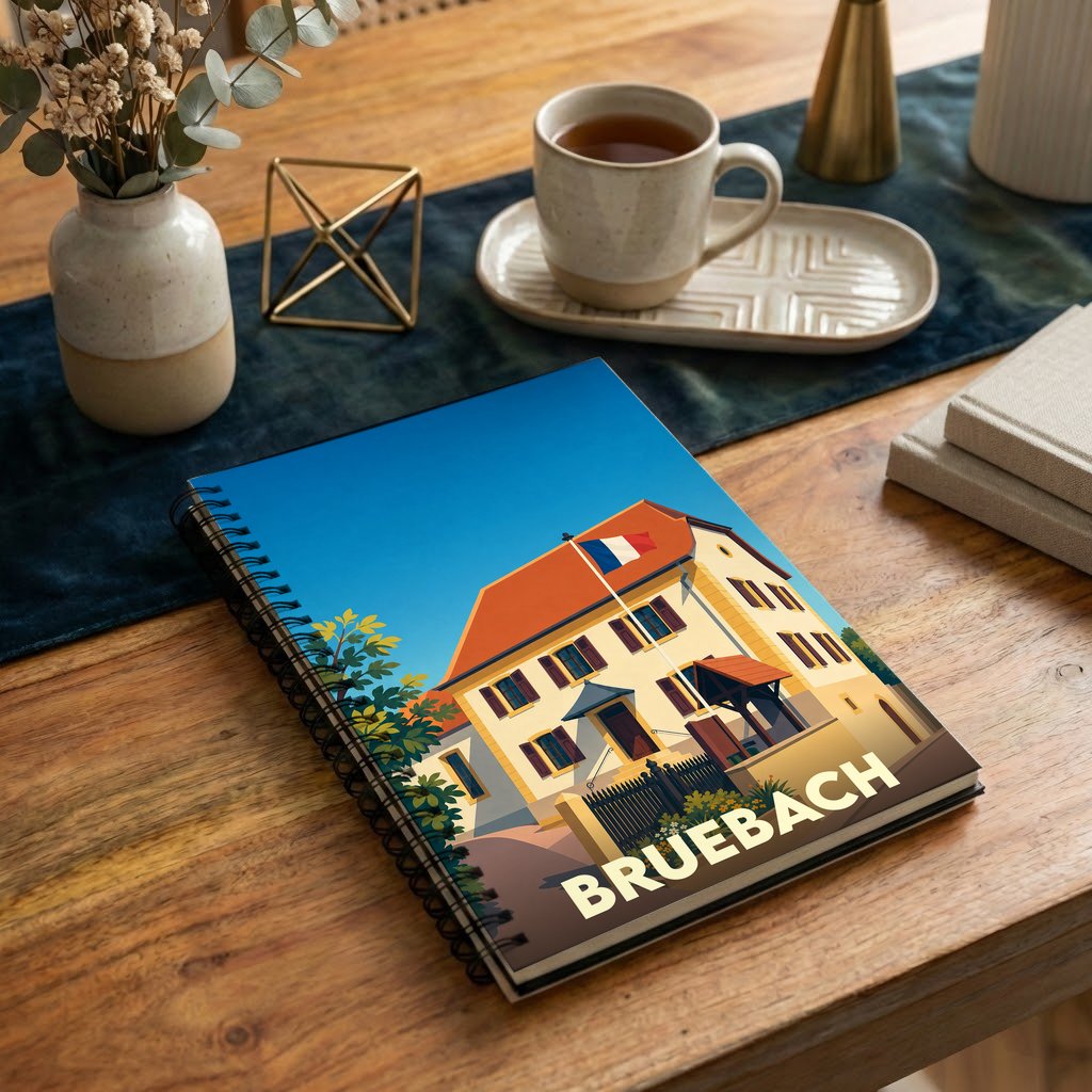Carnet à spirale souvenir de la commune de Bruebach avec une illustration stylisée de sa mairie.