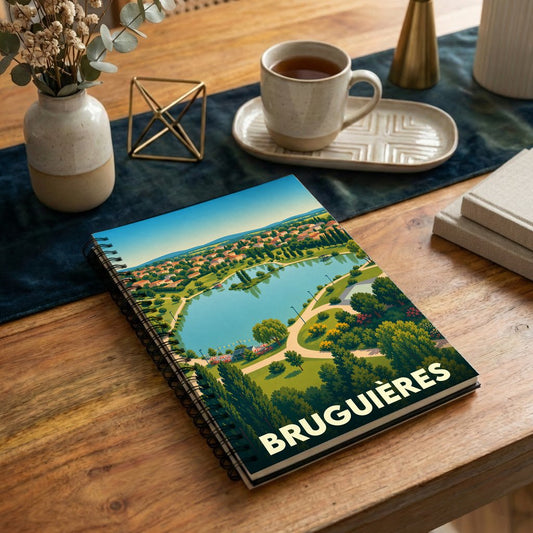 Carnet à spirale souvenir de la ville de Bruguières illustré d'une vue stylisée du lac et de son parc.