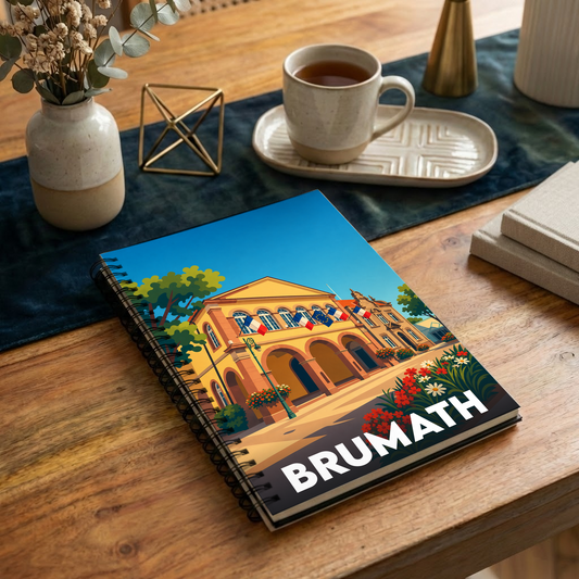 Carnet à spirales souvenir de la ville de Brumath avec une illustration colorée et stylisée de son hôtel de ville.