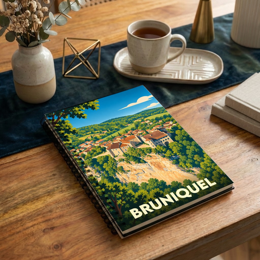 Carnet de notes souvenir de la ville de Bruniquel avec une illustration stylisée de son village perché.