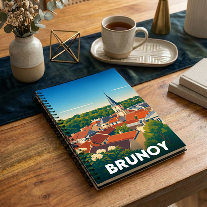 Carnet à spirales souvenir de la ville de Brunoy avec une illustration stylisée.