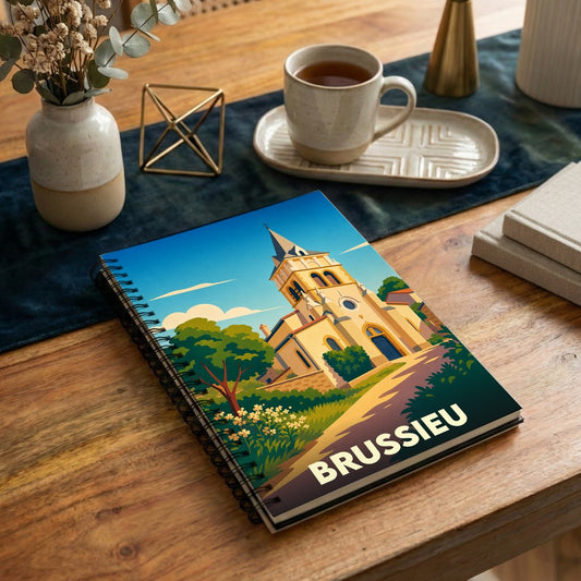 Carnet souvenir de la ville de Brussieu avec une illustration stylisée de son église.