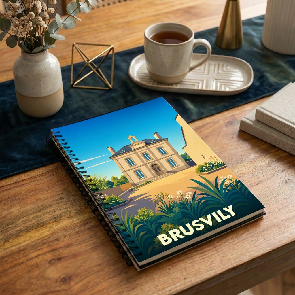 Carnet de notes souvenir de la ville de Brusvily illustré d'un manoir stylisé sous un ciel bleu.