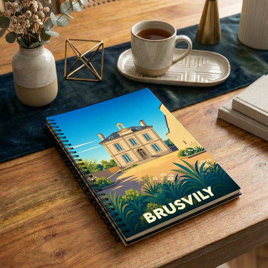 Carnet de notes souvenir de la ville de Brusvily illustré d'un manoir stylisé sous un ciel bleu.