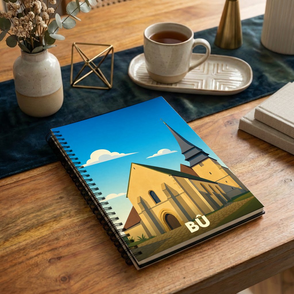 Carnet à spirale souvenir de la ville de Bû avec une illustration stylisée de son église.
