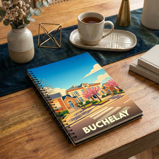 Carnet souvenir de la ville de Buchelay avec une illustration stylisée et colorée.