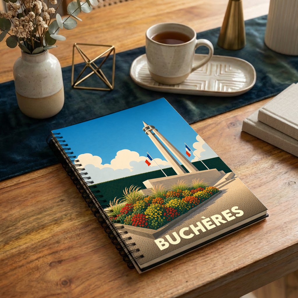Carnet à spirales souvenir de la ville de Buchères avec une illustration stylisée de son monument.