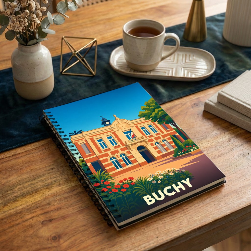 Carnet à spirale souvenir de la ville de Buchy avec une illustration stylisée de son hôtel de ville.
