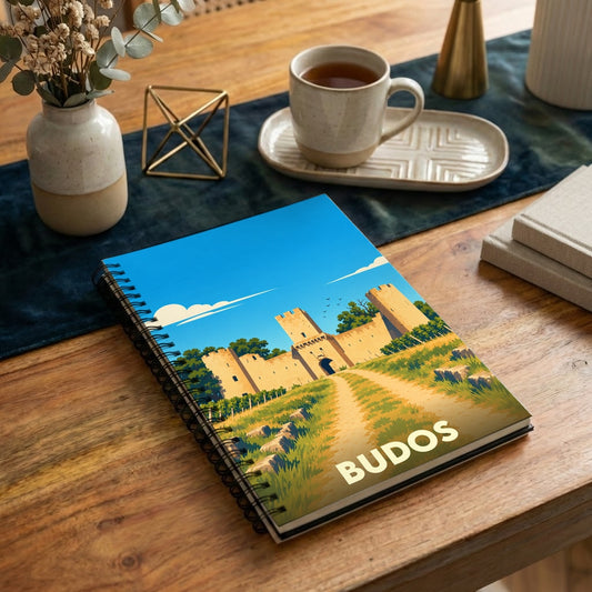 Carnet à spirale souvenir de la ville de Budos avec une illustration stylisée de son château médiéval.