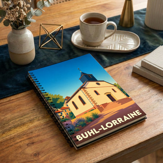 Carnet de notes à spirales avec une illustration stylisée de l'église de Buhl-Lorraine.
