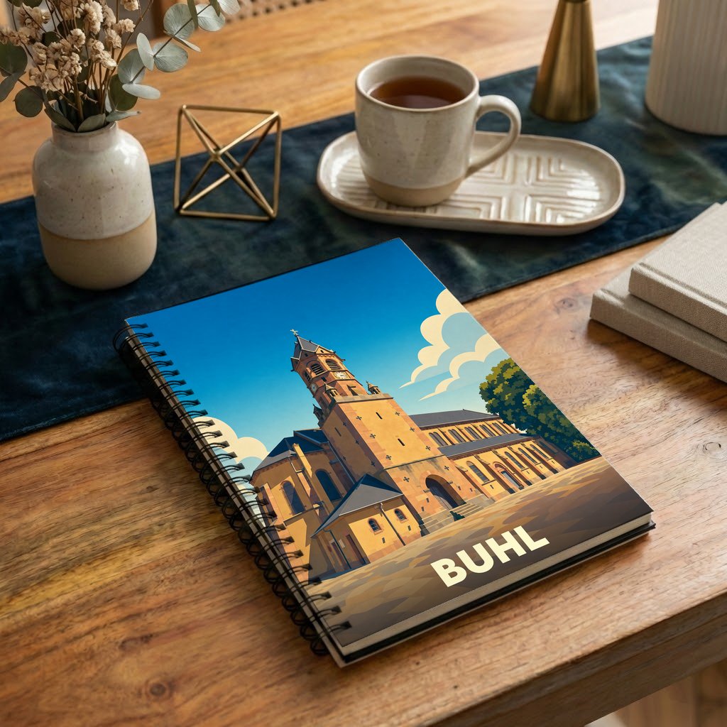 Carnet à spirales souvenir de la ville de Buhl avec une illustration stylisée de son église.