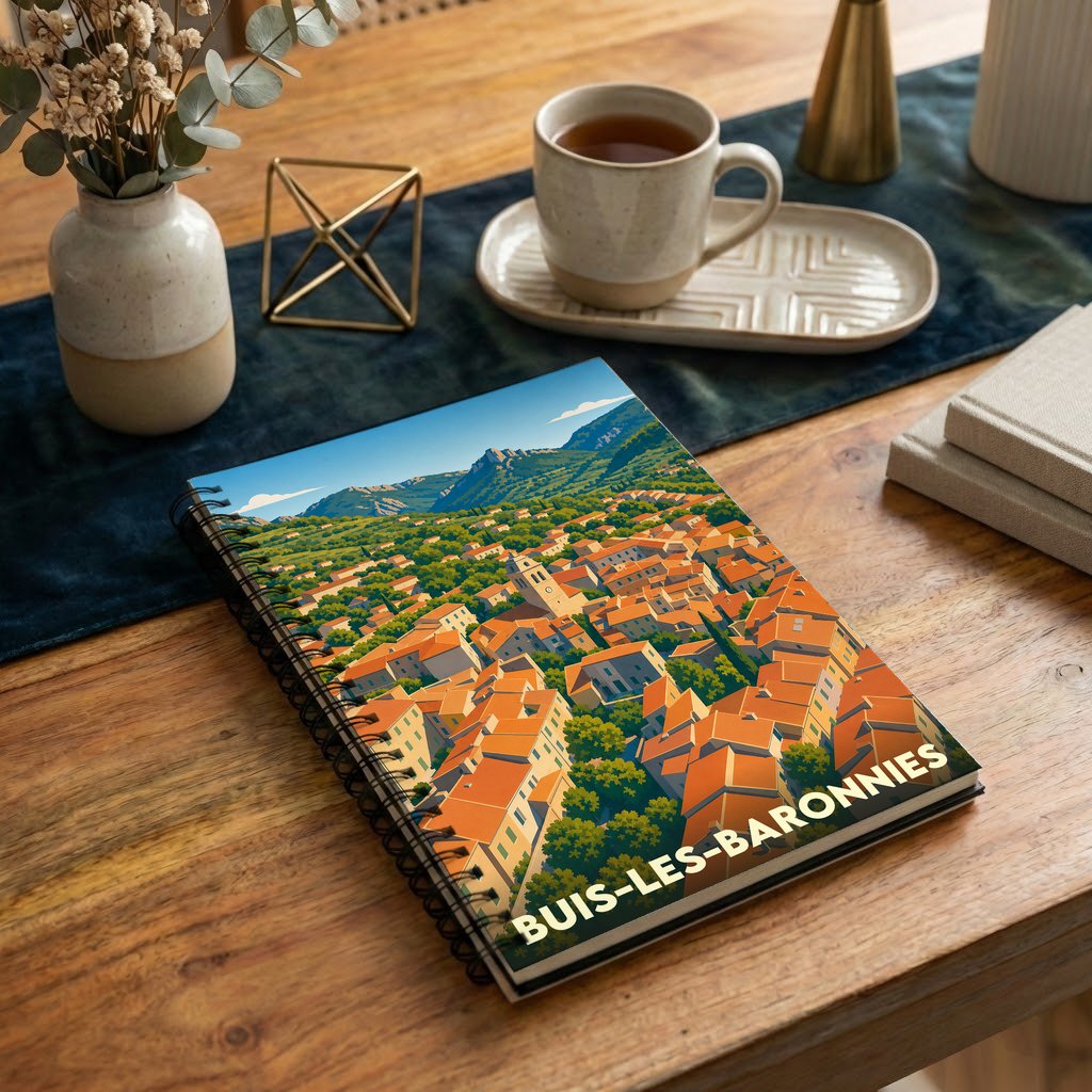 Carnet de notes souvenir de la ville de Buis-les-Baronnies avec une illustration panoramique stylisée.