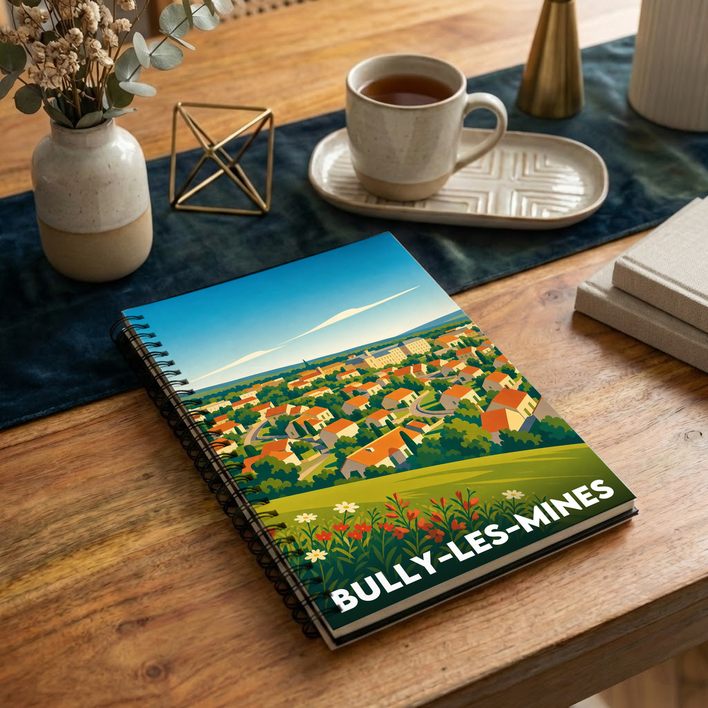 Carnet souvenir de la ville de Bully-les-Mines avec une illustration stylisée et colorée.
