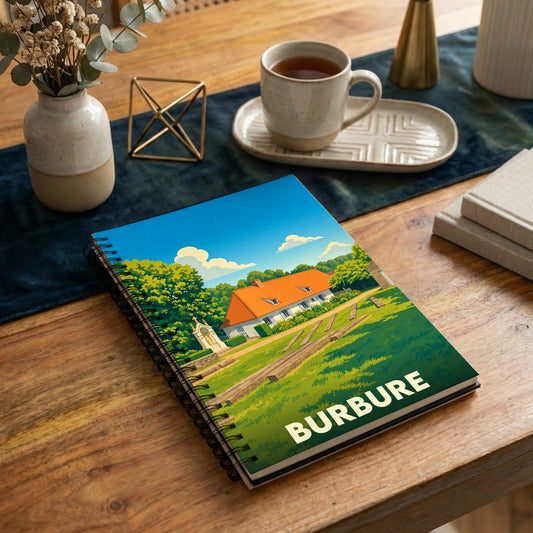 Carnet à spirales souvenir de la ville de Burbure avec une illustration stylisée d'un paysage rural.