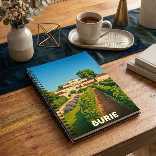 Carnet de notes souvenir de la ville de Burie orné d'une illustration stylisée d'un domaine viticole.