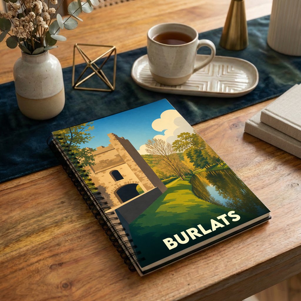 Carnet à spirales souvenir de la ville de Burlats avec une illustration stylisée d'un monument historique.